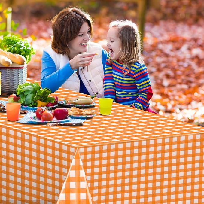 12 Pack Orange Plastic Checkered Tablecloth, Premium Decorative Disposable Orange Gingham Plaid Table Cloths for Parties, Rectangle Party Table Cover for Fall Thanksgiving Picnic Birthday, 54x108 Inch