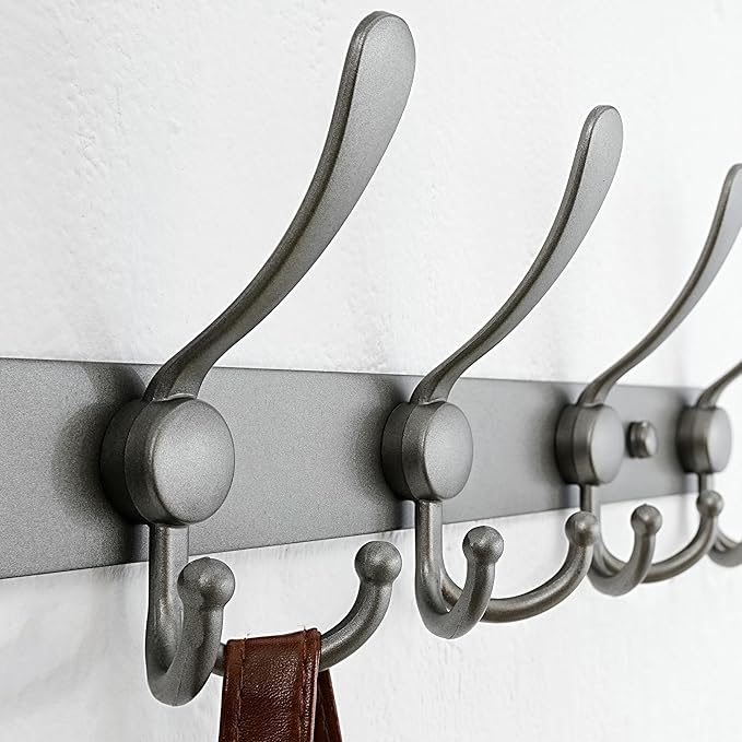 Dseap Coat Rack Wall Mounted - 5 Tri Hooks, Heavy Duty, Stainless Steel, Metal Coat Hook Rail for Coat Hat Towel Purse Robes Mudroom Bathroom Entryway,Grey