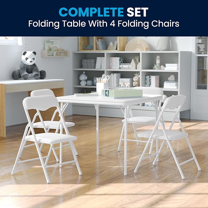Flash Furniture Mindy Kids 5-Piece Folding Square Table and Chairs Set for Daycare and Classrooms, Children's Activity Table and Chairs Set, White