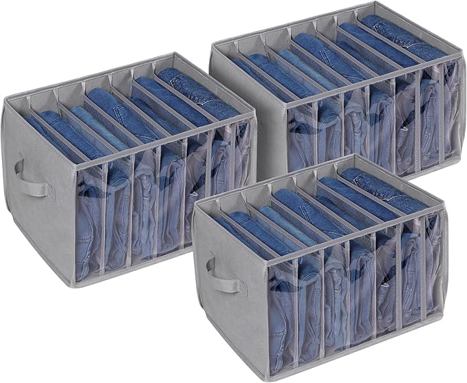 Zilink Upgraded Wardrobe Clothes Organizer with Support Board Clear Pants Organizer Bins for Closet with 7 Grids Divider Sweater Organizer for Closet for Jean Pant Sweater Legging T-Shirt, 3 Pack