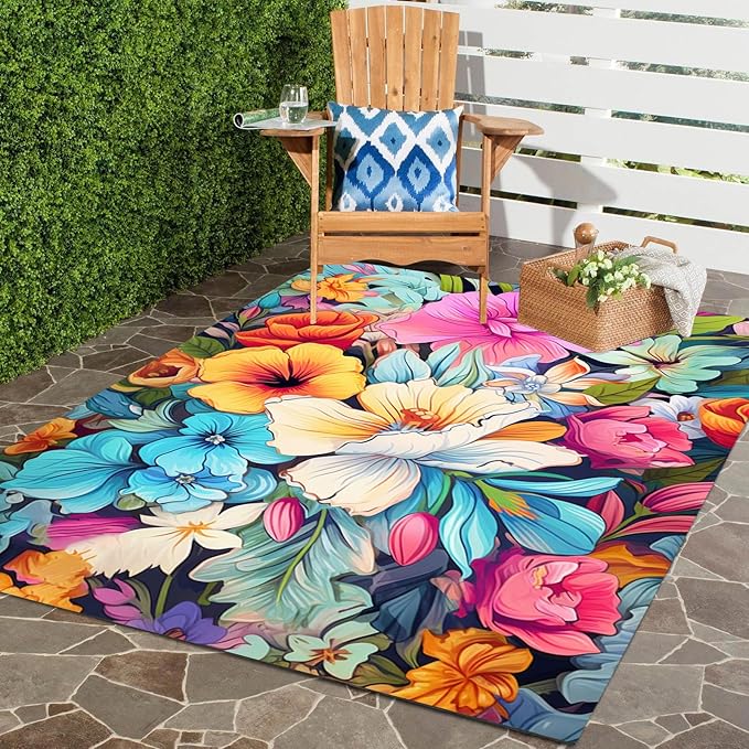 Large Floral Outdoor Rug for Patio Balcony Deck Camping Poolside Garden Machine Washable Waterproof Porch Backyard Outside Carpet 3x5 Orange Blue Pink Flower Mat Easy Clean