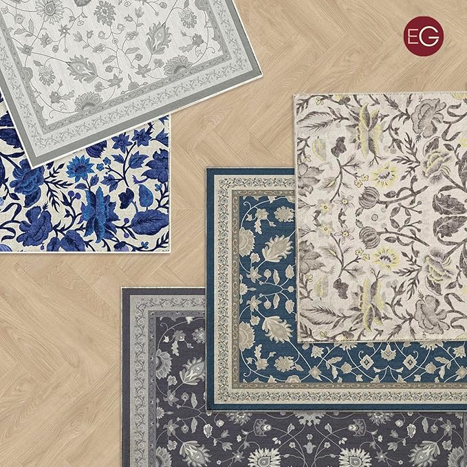 EVERGRACE Hallyway Area Runner Rugs 2x10, Boho Floral Faux Wool Indoor Outdoor Rugs, Washable Rugs for Bedroom Dining Room Living Room Kitchen, Low Pile Floor Mat Carpet for Home Decor, Celtic Blue