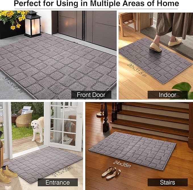 Front Door Mat Outside Entrance, Outdoor Indoor Door Mats for Entryway, Entrance, Entry, Patio, Waterproof Non Slip Doormat, Low-Profile, 20" × 31.5“, Grey