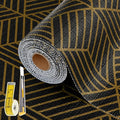 Shelf Liners for Kitchen Cabinets 17in x 20FT, Non Adhesive Cabinet Liner Strong Non-Slip Black Gold Geometric Drawer Liner, Easy to Clean for Shelf, Cabinet with Knife and Tape Measure