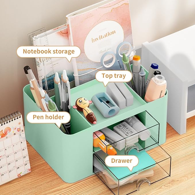 Marbrasse Pen Organizer with 2 Drawer, Multi-Functional Pencil Holder for Desk, Desk Organizers and Accessories with 5 Compartments + Drawer for Office Art Supplies (Green)