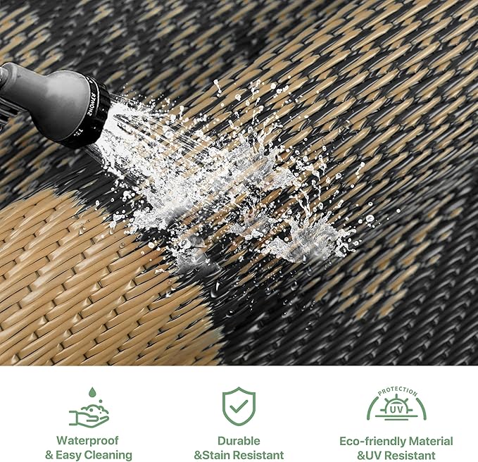 GENIMO Outdoor Rug Waterproof for Patio Decor, 10' x 20' Reversible Plastic Straw Floral Camping Carpet, Large Area Rugs Mats for RV, Camper, Deck, Balcony, Porch, Beach, Picnic, Black & Brown