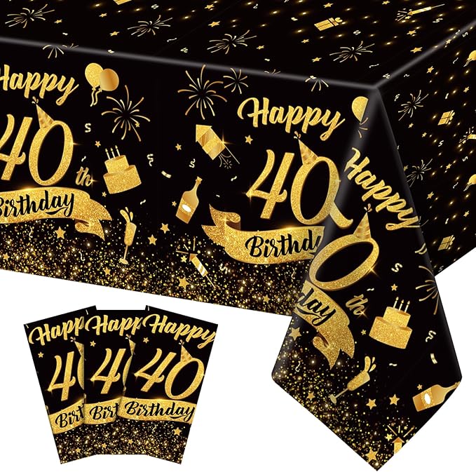NatNarr 3 Pack 40th Birthday Plastic Tablecloth, 54x108 Inch Black Gold Disposable Rectangle Table Cover Waterproof Table Cloth for Birthday 40 Anniversary Party Supplies