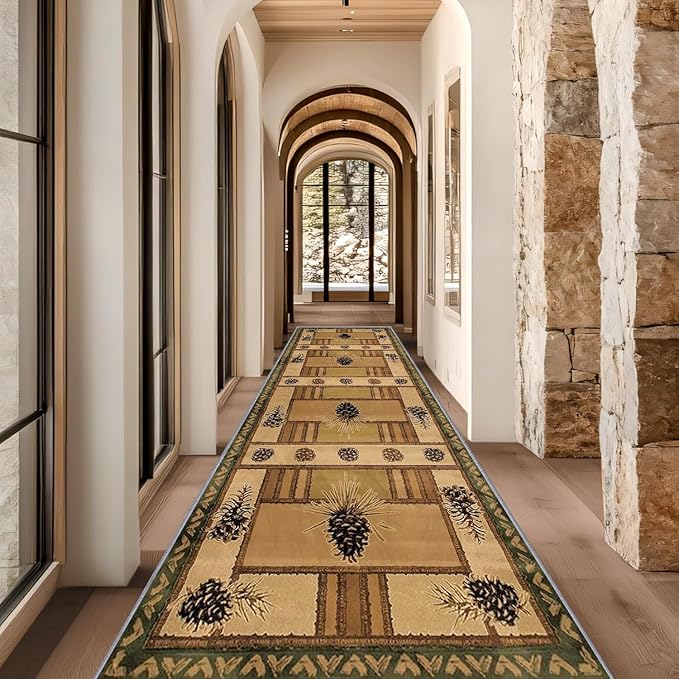 Pinecone Runner Rug, 2x8ft Rustic Country Style Hallway Runner Rug - Corridor & Foyer Area Rugs, Washable Non-Slip Mat, Country Home Decor Carpet for Indoor Living Room Hallway Spaces