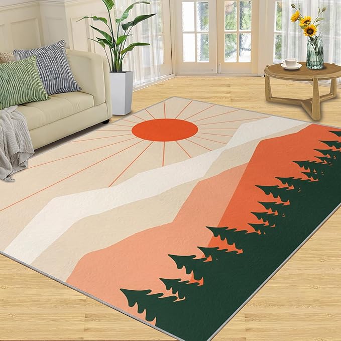 Boho Sun Area Rugs 6x9ft, Minimalist Mountain Fluffie Rugs for Living Room, Abstraction Deco Nursery Rug with Under Rug Non Slip Tape for Bedroom Kids Room