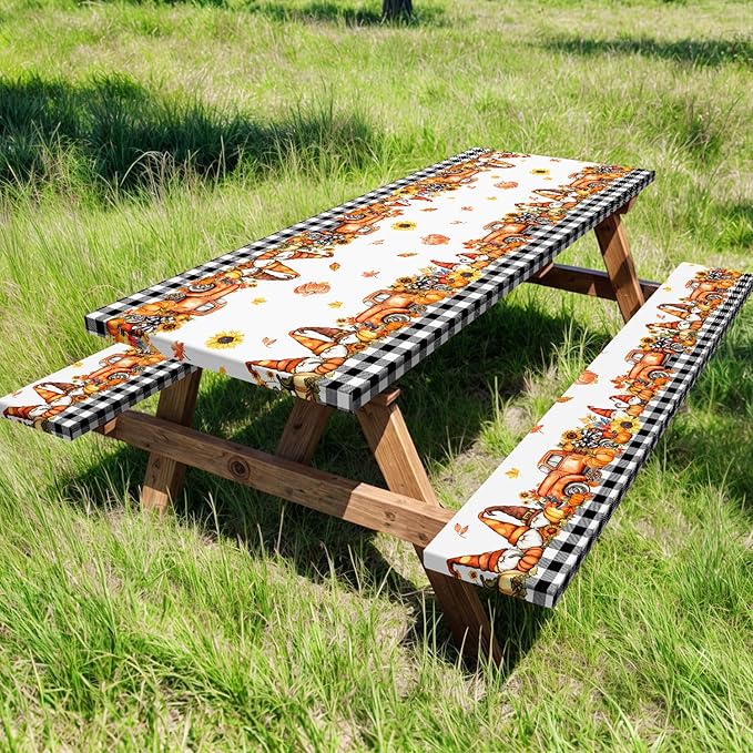 Fall Picnic Table Cover with Bench Covers, Camping Essentials, Buffalo Plaid Thanksgiving Pumpkin Waterproof Windproof, Fitted Tablecloth Cover with Elastic Edge, Indoor & Outdoor, 3 PCS, 30x96 Inch