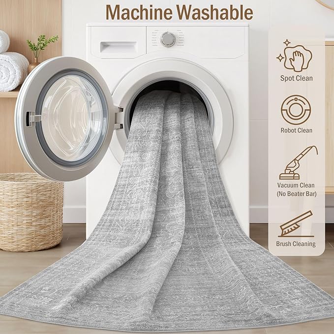 6x9 Area Rugs Living Room: Washable Large Vintage Grey Rug Neutral Non-Slip Soft Stain Resistant Indoor Carpet for Bedroom Nursery Dining Room Under Table Bed Home House Office Playroom