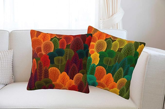 bassyil Fall Forest Throw Pillow Covers Decorative Linen Pillow Cases Set of 2 Square Cushion Cover for Couch Sofa Bedroom Patio 18x18 Inch