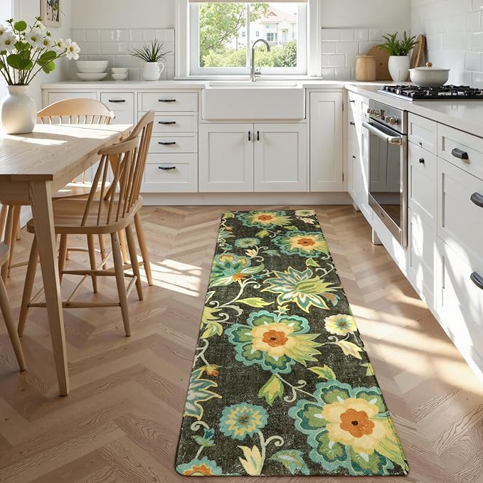 Lahome Floral 2x6 Hallway Runner Rug - Non Skid Washable Kitchen Runner Rugs, Low-Plie Green Paisley Print Carpet for Entryway Bedroom Living Room