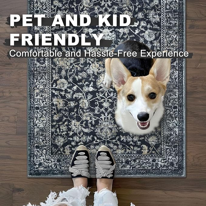 KILOCOCO Hallway Runner 2x10 Rug Runner Printed Vintage Floral Washable Non-Slip Rubber Backed Runners for Hallways Kitchen Laundry Room Entryway Bedroom, Charcoal