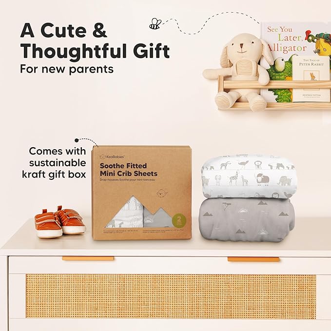 2-Pack Mini Crib Sheets Fitted - 38x26 Pack N Play Sheets for Pack and Play Mattress, Organic Cotton, Soft & Breathable Playard Bedding, Neutral Mini Toddler Bed Cover for Boys, Girls (Savannah)