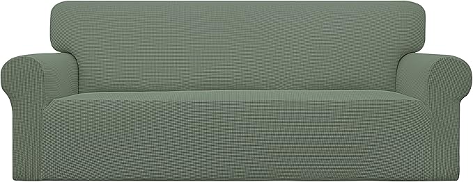 Easy-Going Stretch Sofa Slipcover 1-Piece Sofa Cover Furniture Protector Couch Soft with Elastic Bottom for Kids, Polyester Spandex Jacquard Fabric Small Checks (Sofa, Greyish Green)