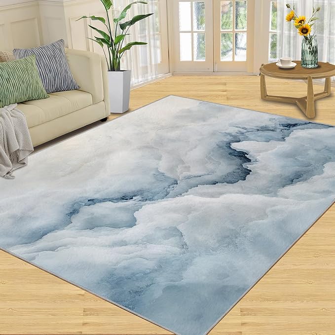 Modern Simple Art Rugs for Bedroom - 5x6 Area Rug - 3D Cloud Marble Rugs for Living Room, Abstract Mist Marble Rug, Washable Home Decor Carpet