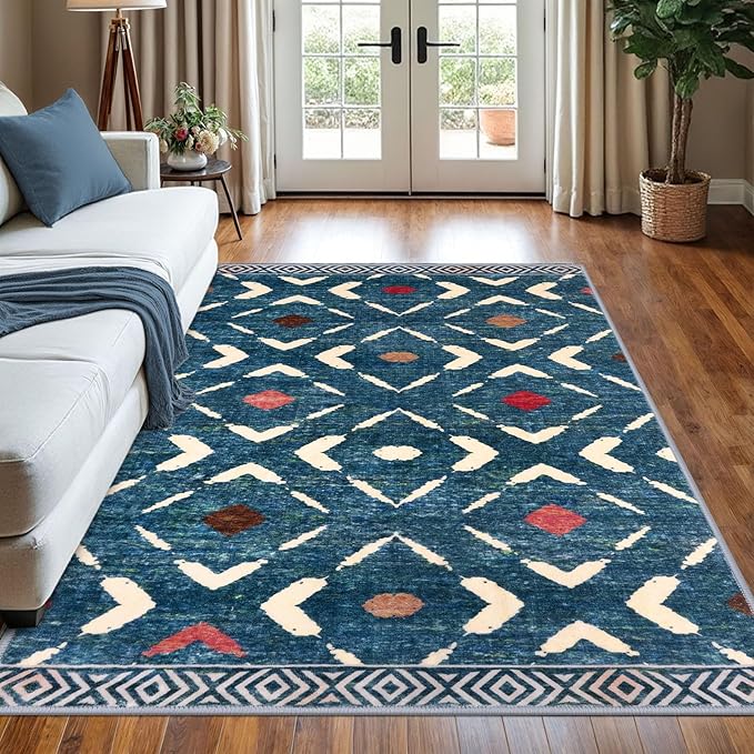 KILOCOCO Living Room Rug 5x7 Area Rug Printed Boho Washable Bedroom Rugs Non Slip Soft Large Moroccan Rubber Backed Indoor Rugs for Dining Room Office Farmhouse Geometric Carpet, Teal/Blue