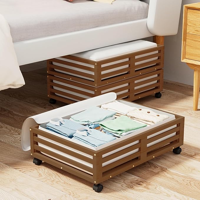 Bamboo Under Bed Storage Containers- Underbed Organizer with Wheels with Large Capacity Dust Bag,Sturdy Wood Rolling Under Bed Shoe Storage Organizer 2 Packs (Walnut, 2 Packs (23.62"×16.54"))