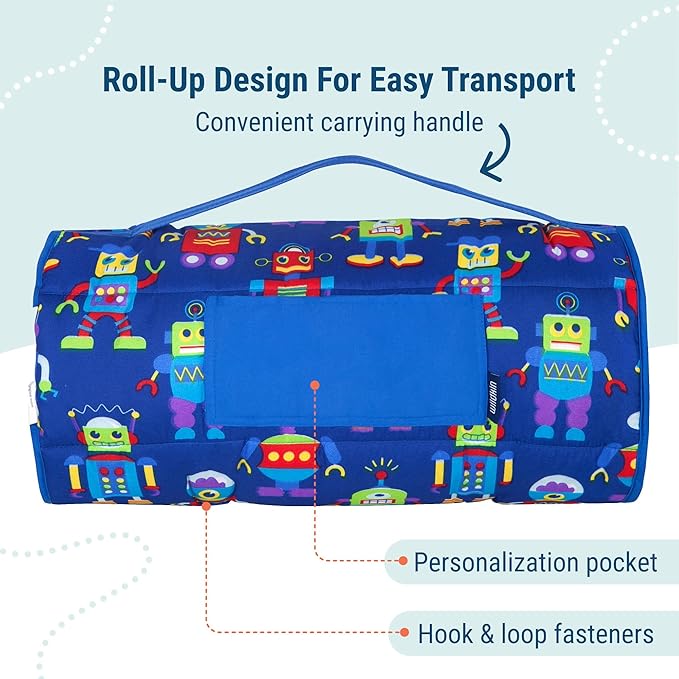 Wildkin Kids Microfiber Nap Mat – Soft Sleep Mat with Pillow, Ideal for School & Travel - Robots