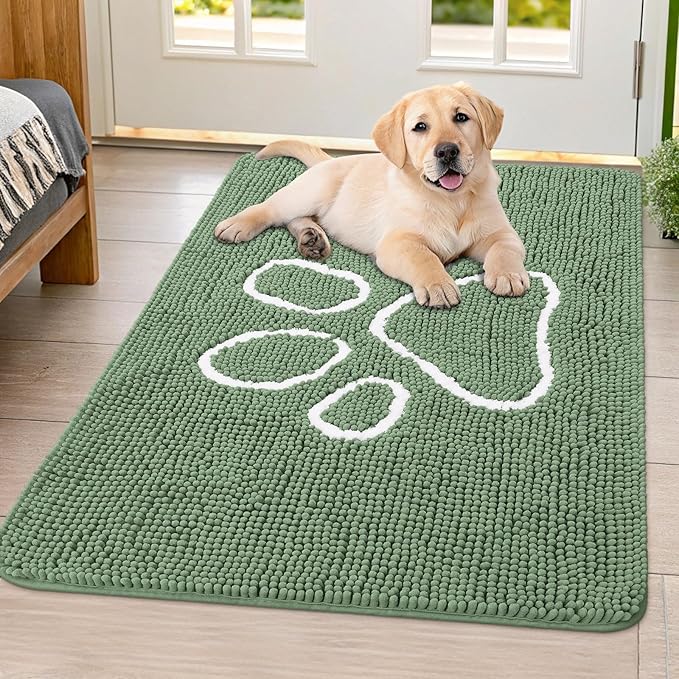 Smiry Dog Door Mat for Muddy Paws, Absorbent Dirt Trapper Non Slip Quick Dry Washable Chenille Mat for Mud Dogs, Entry Rug for Indoor and Outdoor (40x32 Inches, Olive Green and White)