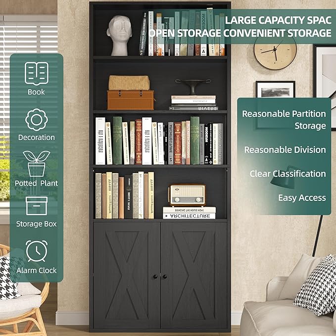 Modern Bookshelf with Doors, Industrial Bookshelves with 6-Tier Shelf, 71