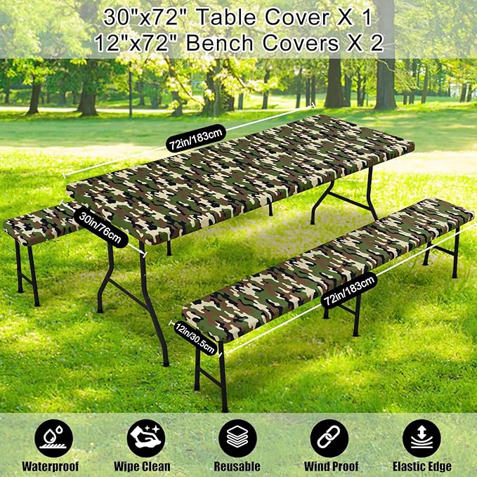 Smiry Picnic Table Cover with Bench Covers, Waterproof Elastic Fitted Tablecloth for 6 Foot Tables, Washable Polyester Camouflage Tablecloths for Camping & Indoor (Olive Drab, 30x72 Inch 3-pc Set)