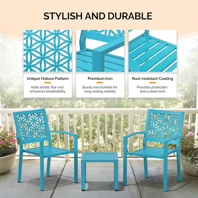 VINGLI 3-Piece Outdoor Bistro Set, Stackable Modern Metal Steel Table and Chairs