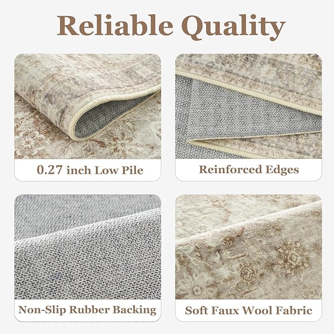 Vintage Beige 8x10 Area Rugs for Living Room, Retro Neutral Earth Tone Carpet Rug for Bedroom Dining Room, Low Pile Thin Washable Non Slip Room Rug for Home Office Playroom Family Room