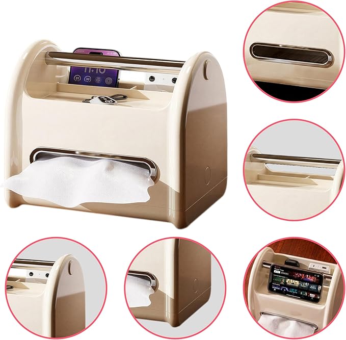Tissue Box Cover & Napkin Holder with Storage Tray | Multifunctional Decorative Tissue Holder & Desk Organizer | Phone Holder for Car, Study Table, Daily Home Accessories, Desk, Bedside Table (White)