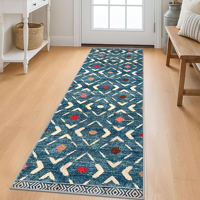 KILOCOCO Kitchen Runner Rug 2x6 Washable Runner Rug Soft Hallway Runners Non Slip Printed Distressed Laundry Room Rugs, Low-Pile Runners for Entryway Bedroom Living Room, Teal/Blue