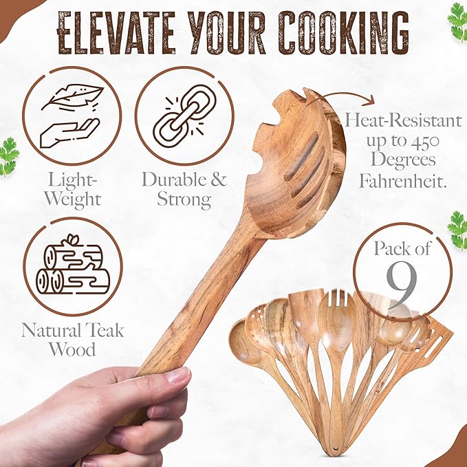 INTAJ Teak Wooden Spoons for Cooking, 9-Piece Handmade Kitchen Utensil Set