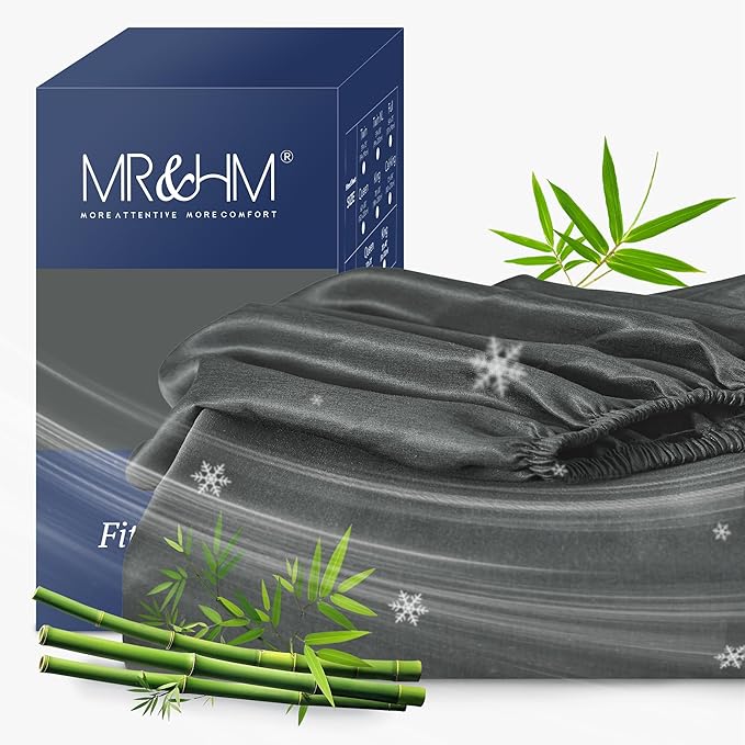 MR&HM Twin Fitted Sheet Only, Ultra-Soft Rayon Derived from Bamboo & Polyester Blend, Silky & Breathable, 15" Deep Pocket with Elastic Straps, Cooling Fitted Sheet for Hot Sleepers, Dark Grey