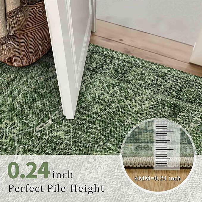 8x10 Washable Area Rug Vintage Green Rug for Living Room Bedroom Low Pile Soft Non-Slip Boho Rug for Under Table Boho Distressed Retro Carpet for Bedroom Kitchen Office Dining