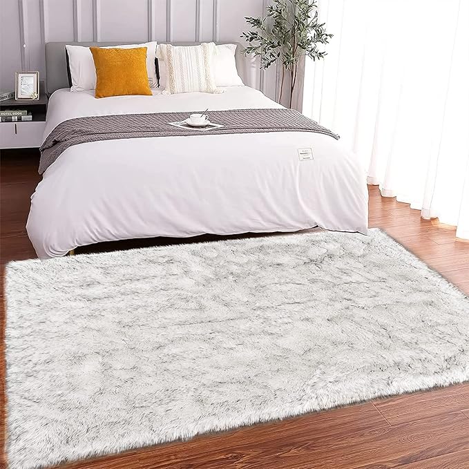 Latepis White with Grey Tips Sheepskin Rugs 4x6, Faux Fur Rug for Living Room, Fluffy Washable Rugs for Bedroom, Teen Room Decor, Rectangle