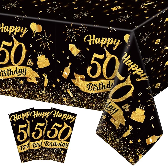 NatNarr 3 Pack 50th Birthday Plastic Tablecloth, 54x108 Inch Black Gold Disposable Rectangle Table Cover Waterproof Table Cloth for Birthday 50 Anniversary Party Supplies