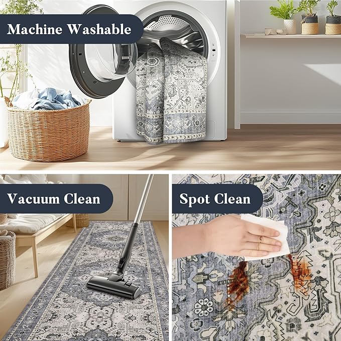 PURRUGS Vintage Farmhouse Boho Throw Rug 2x3 ft, Non-Slip Machine Washable Rug, Accent Oriental Area Rug for Entryway, Kitchen, Bedroom, Living Room and Dining Room, Periwinkle Gray/Soft Ivory