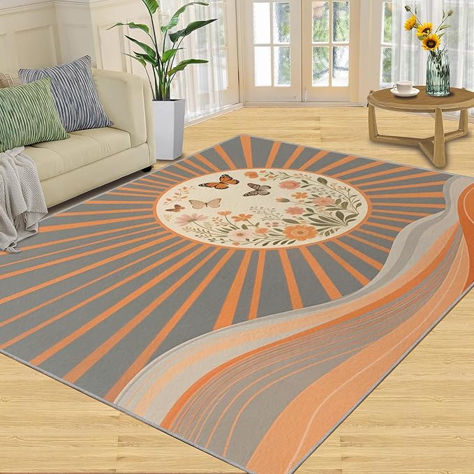 Boho Sun Area Rugs 3x4ft, Minimalist Line Kids Bedroom Rug, Geometric Solar Bedside Rug Durable Non Slip for Cafe Living Room Under Table Boys Room Decor