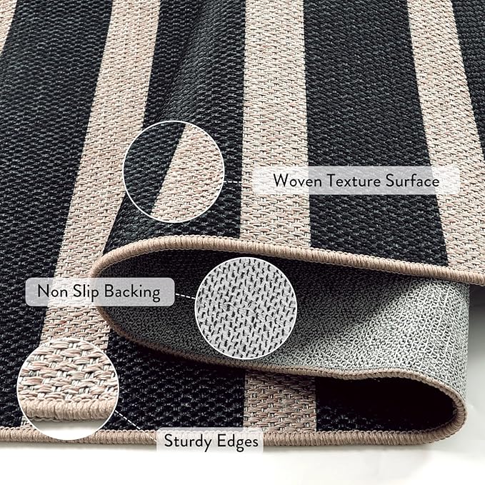 Lahome Striped Easy Jute Outdoor Rug 8x10, Washable Living Room Patio Rug Black Indoor Outdoor Carpet, Farmhouse Geometric Non Slip Non Shedding Carpet for Office Backyard Dining Room