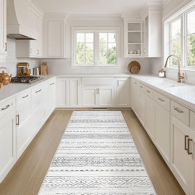 Nakagishi Runner Rug Kitchen Washable Rugs: 2x6 Non-Slip Boho Soft Modern Stain Resistant Indoor Floor Neutral Farmhouse Throw Carpet for Hallway Bathroom Laundry Room Entryway Bedroom- Grey