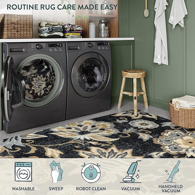 Lahome Floral Washable Runner Rug - 2x6 Runners for Hallways Non-Slip Low-Pile Kitchen Rug, Black Paisley Print Carpet for Laundry Bedroom Entryway （(2’X 6’, Blacak)