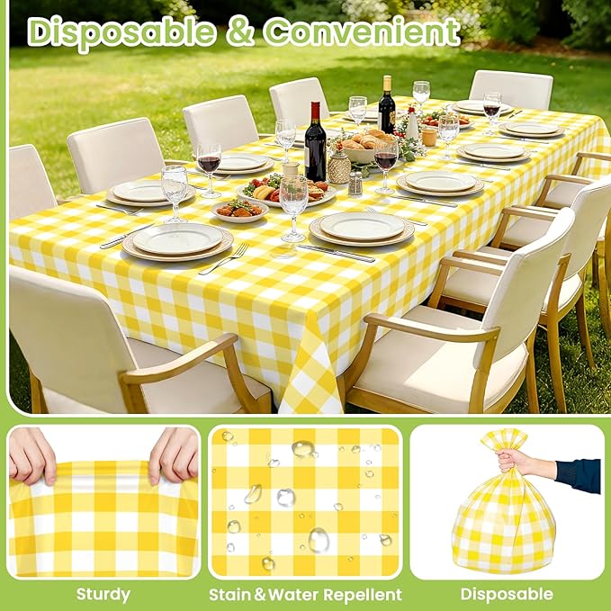 Mulbozy 4 Pcs Yellow Checkered Tablecloth 54 ×108 Inches Rectangle Yellow Gingham Tablecover Disposable Plastic Waterproof Table Cover for Outdoor Picnic, Kitchen, Holiday Birthday Party