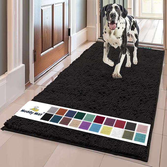 Muddy Mat® | Super Absorbent Door Mat Indoor, Microfiber Quick Dry Chenille Entryway Rug, Non-Slip Front Door Mat, Indoor Mats for Entryway, Machine Washable Pet Rug, Black XL 59"X35"