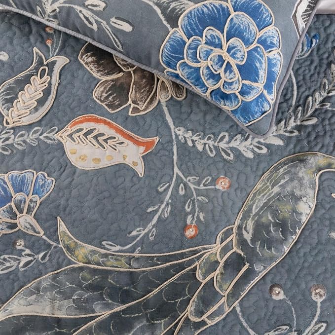 The HomeCentric Blue Bed Runner, King Size 90"x18" Decorative Bed Runner with Matching Pillow Cover, Blue Linen Bed Scarf in Quilted Peacock, Linen & Jute Embroidery - Peacock Willow