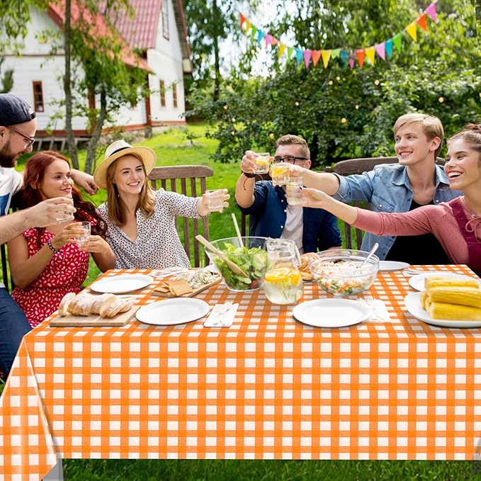 12 Pack Orange Plastic Checkered Tablecloth, Premium Decorative Disposable Orange Gingham Plaid Table Cloths for Parties, Rectangle Party Table Cover for Fall Thanksgiving Picnic Birthday, 54x108 Inch