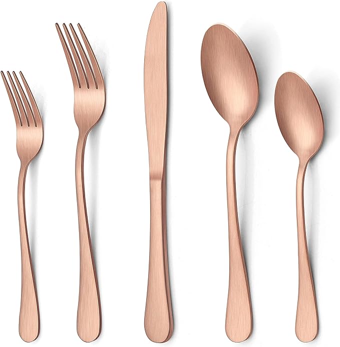 LIANYU 20 Piece Matte Copper Silverware Set, Stainless Steel Copper Flatware Cutlery Set for 4, Fancy Kitchen Utensil Tableware for Home Restaurant Party, Satin Finish, Dishwasher Safe