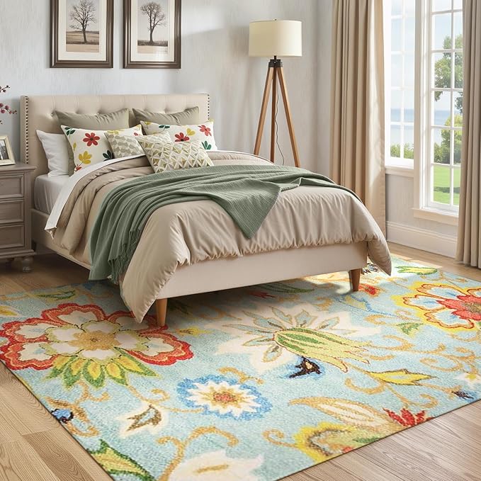 Lahome Machine Washable Floral Living Room Rug - 5x7 Area Rugs for Bedroom Non-Slip Large Low-Plie Soft Throw Nursery Kids Room Carpet Distressed Indoor Carpet for Dining Room Entryway Office