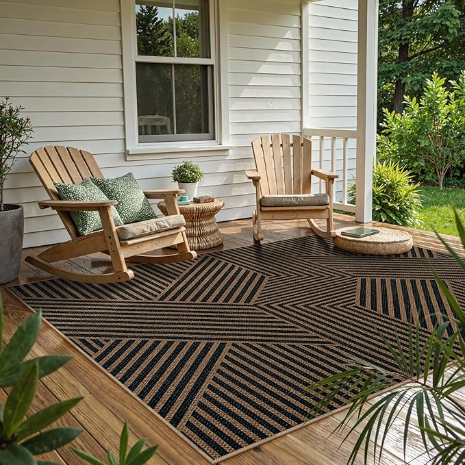 Lahome Modern Geometric Outdoor Easy Jute Rug, 5x7 Patio Living Room Rug Large Black Carpet for Bedroom, Farmhouse Washable Indoor Outdoor Carpet for Dining Room Backyard Deck