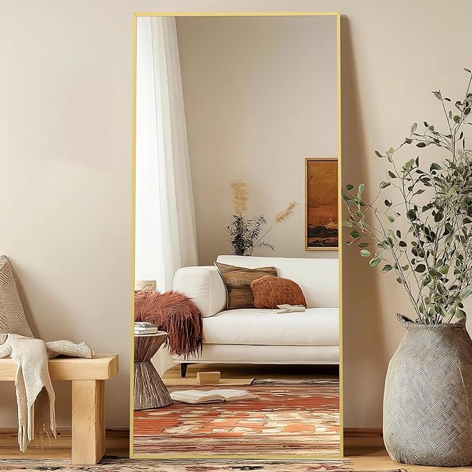 Full Length Mirror with Stand 76"x34" Extra Large Gold Floor Mirror, Rectangle Standing Mirror for Living Room Bedroom Cloakroom Gym, Thin Aluminum Frame, Tempered Glass