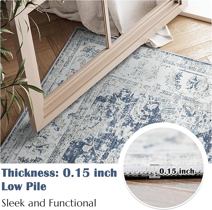 jinchan Fiora 10x12 Area Rugs for Living Room - Machine Washable Vintage Floral Distressed Design Stain Resistant Carpet Low Pile Non-Slip Large Rug for Bedroom Dining Room (10'x12', Dark Blue)